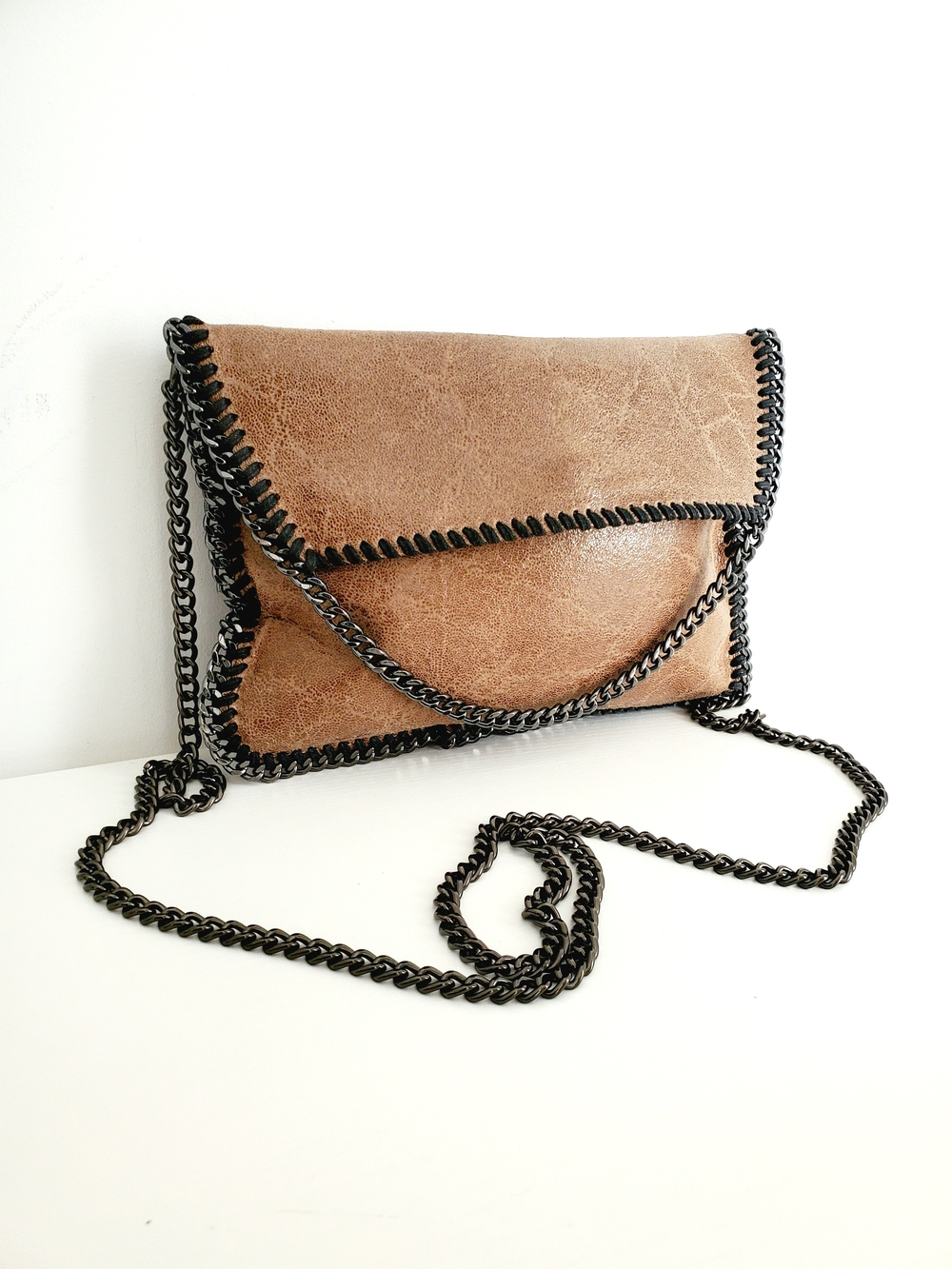 Made in Italy Vera Pelle Leather Chain Trim Shoulder Bag Falabella Style